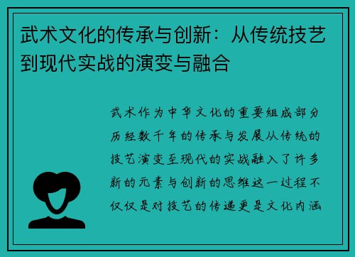 武术文化的传承与创新：从传统技艺到现代实战的演变与融合